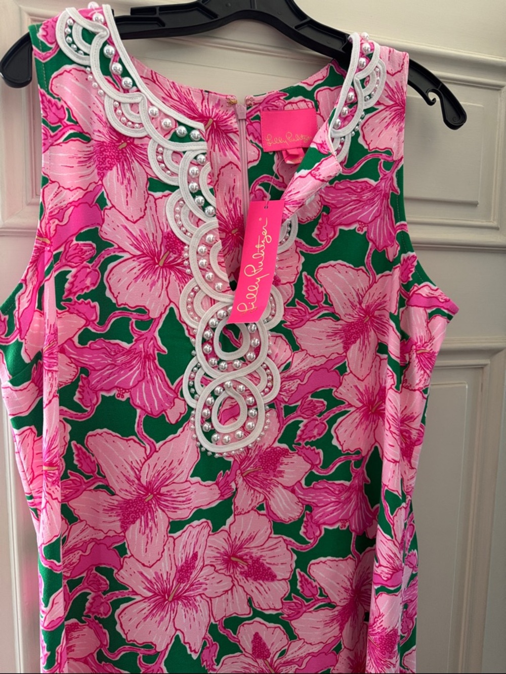 Lilly Pulitzer Pink & Green Sleeveless Floral Top with Embellished Neckline